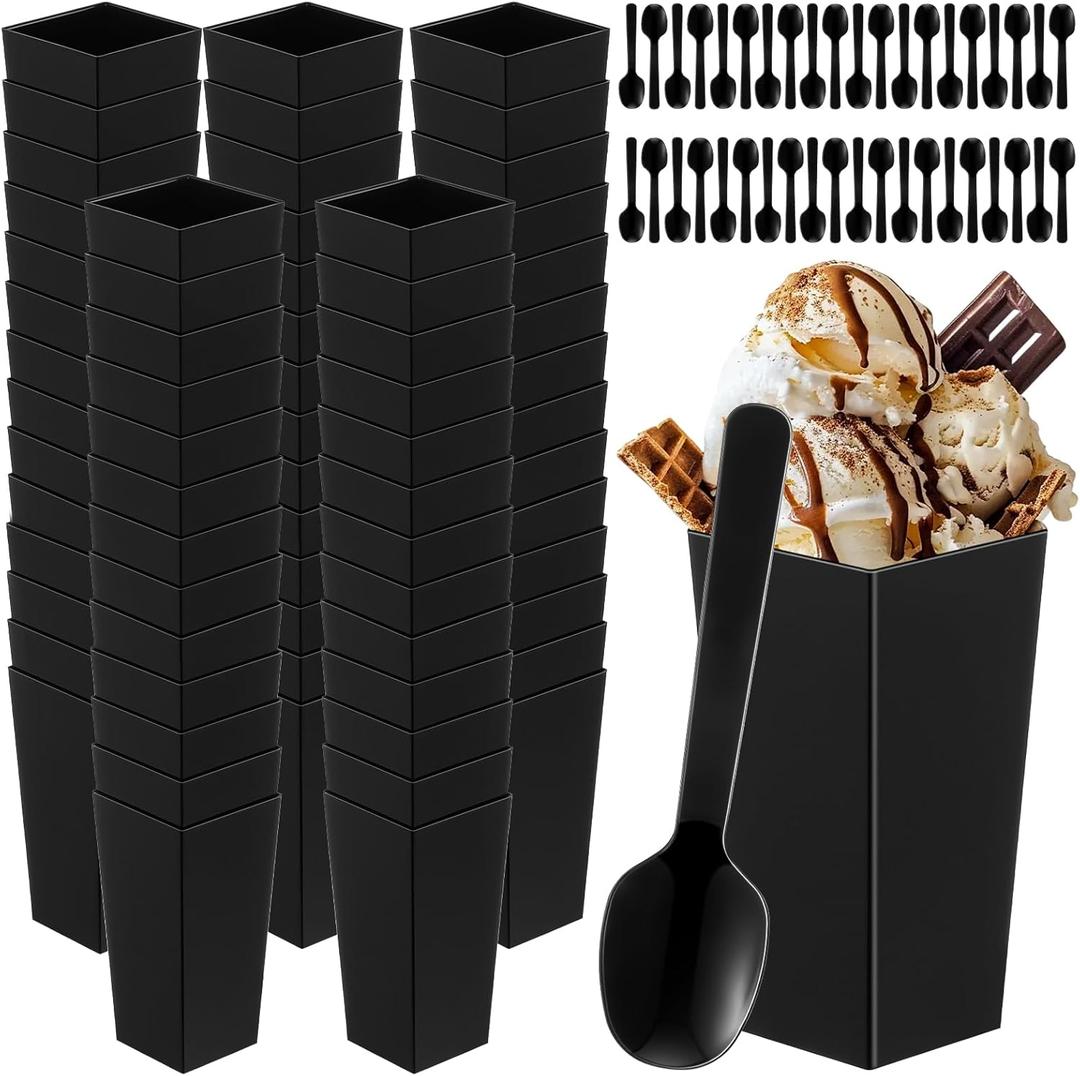 200 Pcs Black Dessert Cups with Spoons Small Plastic Goblets Disposable Parfait Charcuterie Cups Pudding, Mousse Set for Party(3 oz, Square)