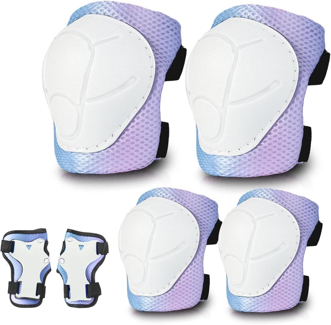 Gradient Color Kids Protective Gear Set Knee Pads for Kid 2-14 Years,W/ Adjustable Strap Kids/Youth Knee Pads Elbow Pads Wrist Guards Set for Inline Roller Skates,Cycling,BMX Bike,Skateboard,Scooter (Medium(6+Years), Blue purple)