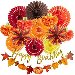 SUNBEAUTY Fall Party Decorations Orange Birthday Decorations Hanging Paper Fan Pumpkins Paper Pom poms Maple Leaves Happy Birthday Banner for Thanksgiving Autumn Harvest Classroom Office Party, 8-14 inches