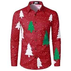 JOGAL Mens Christmas Shirts Santa Claus Party Long Sleeve Button Down Shirts RedTree X-Large