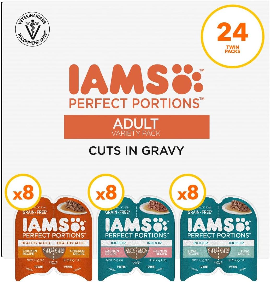 IAMS Perfect Portions Adult Wet Cat Food Cuts in Gravy, Chicken, Tuna, and Salmon Recipe Variety Pack, 2.6 oz. Easy Peel Twin-Pack Trays (24 Count, 48 Servings) BB 10/2027