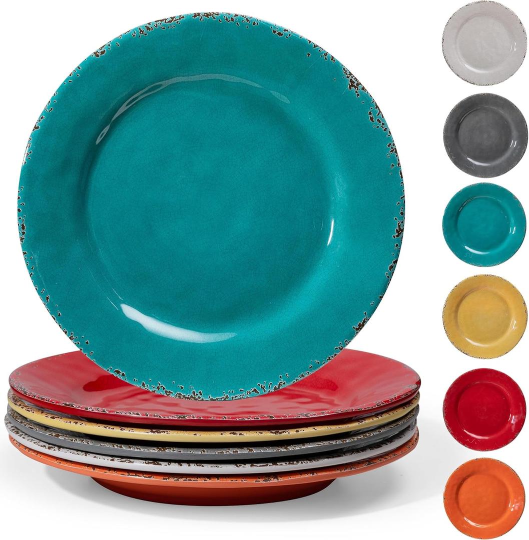 Rustic Melamine Dinner Plates, 11 inch Melamine Plates Set of 6, Large Salad/Dessert Plates, Unbreakable Colorful Serving Dishes Set for Indoor and Outdoor, Assorted Color