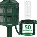 Outdoor Power Stake, 50 Feet Extension Cord Waterproof, Independently Remote Control 3 Sets of Outlets, 6 Grounded Outlets for Garden, Patio, Outdoor Decor, ETL Listed