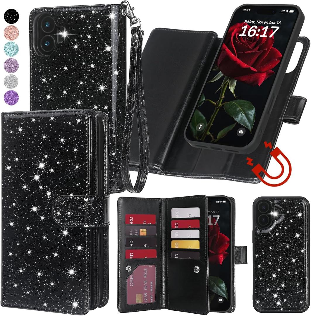 Varikke for iPhone 16 Plus Wallet Case Detachable with RFID Blocking Card Holder for Women, Glitter Leather Strap Strong Magnetic Flip Wallet Removable Phone Case for iPhone 16 Plus 6.7", Black