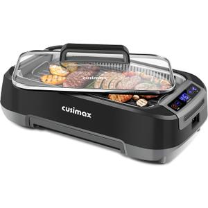 CUSIMAX Smokeless Indoor Grill, 1500W Electric Grill Korean BBQ Grill with LED Smart Display & Tempered Glass Lid, Non-stick Removable Grill Plate, Turbo Smoke Extractor, Black New Model