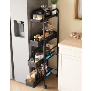 UMDONX Slim Storage Cart 4 Tier with Pull Out Basket Bathroom Organizer Rolling cart, Rolling Utility Cart Slide Out Organizer for Kitchen, Bathroom, Laundry Black