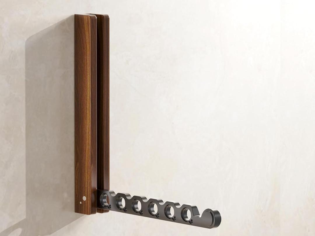Natural Wood Folding Clothes Hanger Rack for Laundry Room, Wall Mounted Clothes Drying Rack, Laundry Drying Rack Foldable, Perfect for Small Spaces, Walnut Wood Black