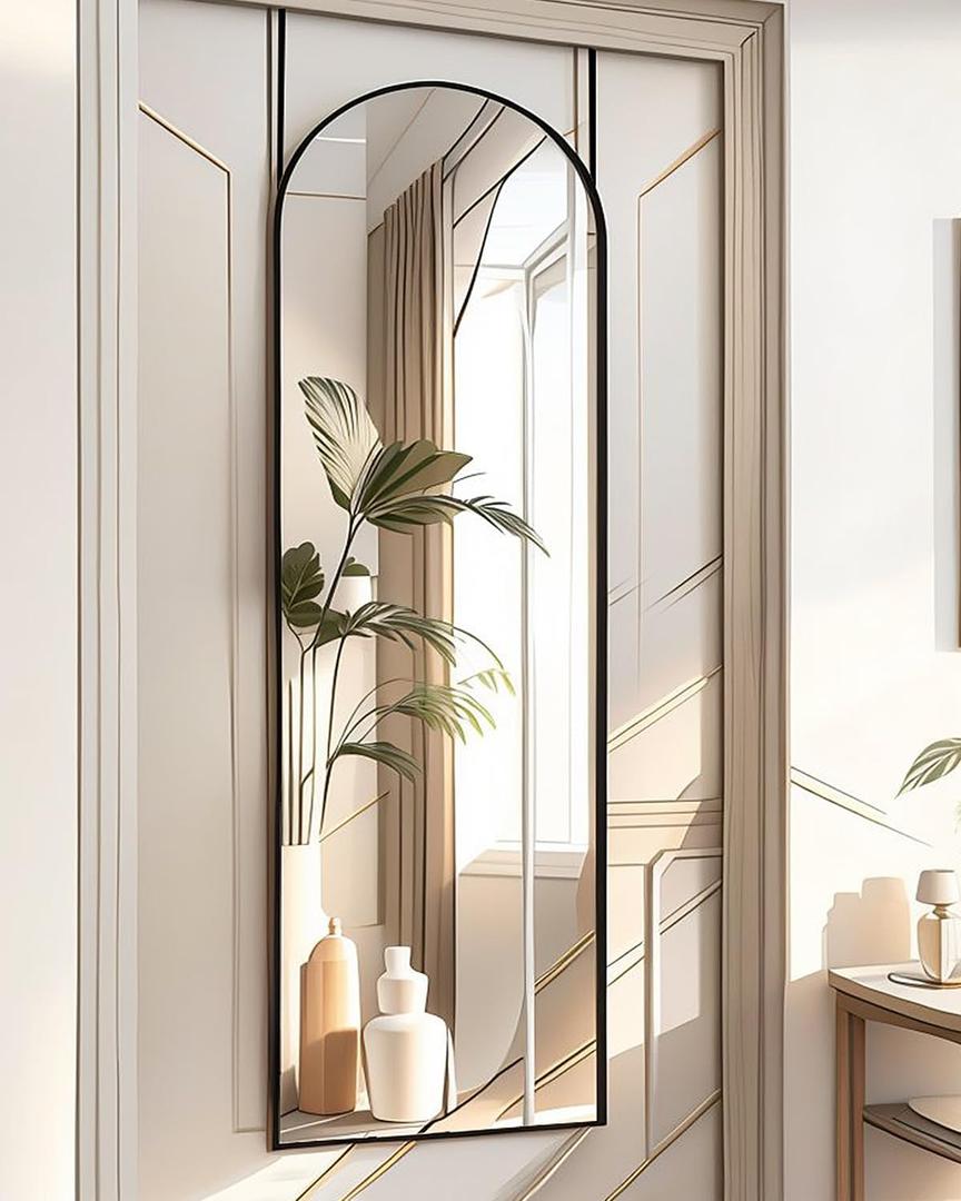 Door Mirror, Full Length Over The Door, 14"x 48" Hanging, Arched, Vertical, Wall, Full Body, Black (48"L x 14"W)