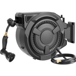 wikiwiki Retractable Garden Hose Reel 1/2 in x 100 ft, Heavy Duty Wall Mounted Hose Reel with 10- Function Sprayer Nozzle, Automatic Slow Return System/180°Swivel Bracket/UV Resistant (Black)