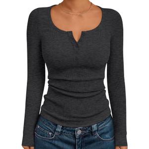 Trendy Queen Long Sleeve Shirts for Women Henley Ribbed Fall Tops Dressy Business Casual Teen Girl Winter Cute Basic Tees (X-Large, Dark Grey)