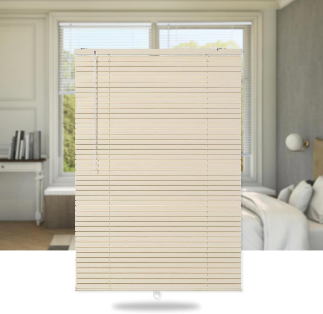 SEEYE Cordless Mini Blinds Aluminum Venetian Blind Horizontal Window Shades, 1" Slat Size - Rooming Darkening Blinds Anti-UV & Waterproof for Bedroom, Office, Easy to Install, 40" W x 64" H, Beige