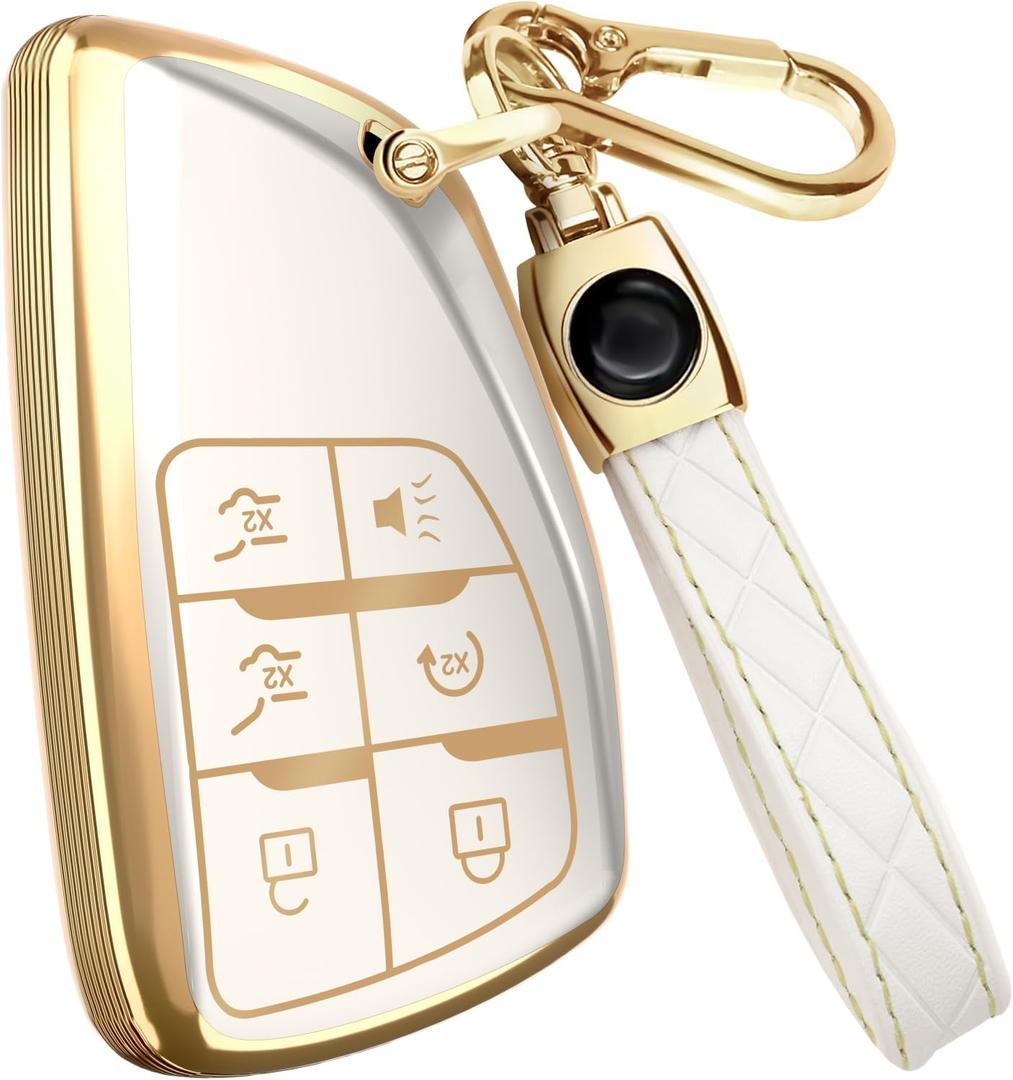 Lucrum for GMC & Chevy Key Fob Cover & Leather Keychain - TPU Keyfob Case for Suburban Acadia Sierra Tahoe Yukon - 2014-2025 (White)