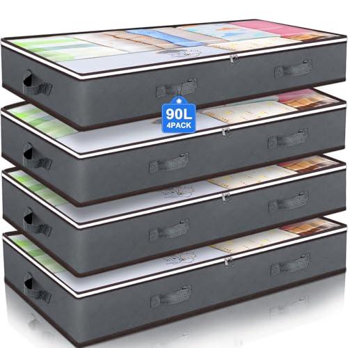 Budding Joy 90L Under Bed Storage Containers, Closet Organizers and Storage Bins, Foldable Underbed Storage Bags for Blanket, Clothing, Comforter, Sweaters, Pillows, Linen Sheets, Wrapping Paper, Grey