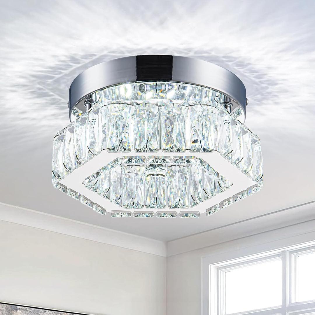 7.8 Crystal Ceiling Light Fixture, Mini Hexagonal Chandeliers 6500K Cool White Modern Flush Mount Ceiling Lights, LED Small Chandelier for Hallway Bedroom Foyer Kitchen Bathroom