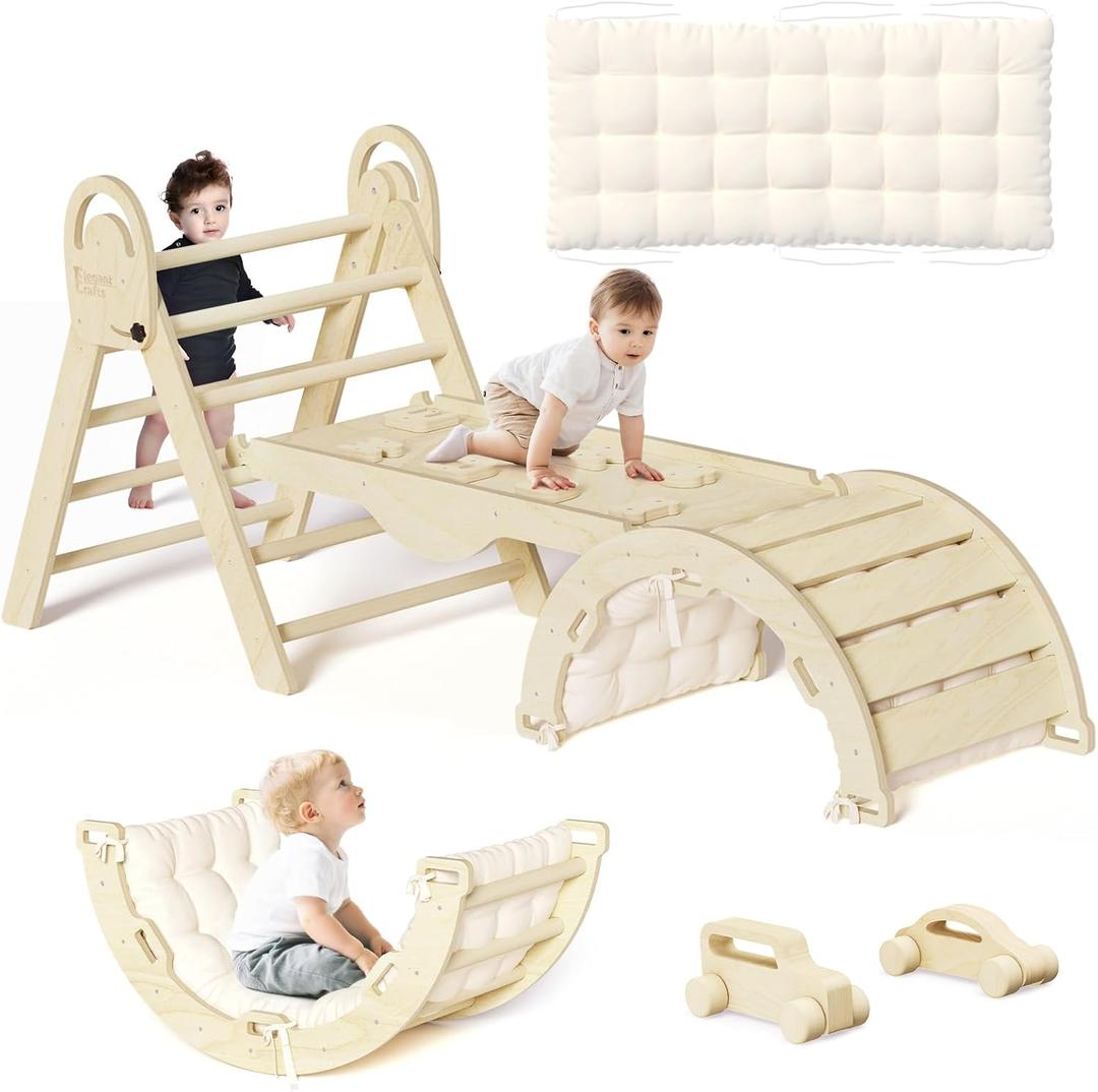 ElegantCrafts Pikler Triangle Set with Cushion, Montessori Climbing Set, Indoor Climb Toys, Indoor Playground Jungle Gyms, 9 Combinations Climbing Toy Set for Toddler, Baby, Kids 1-4, Nature
