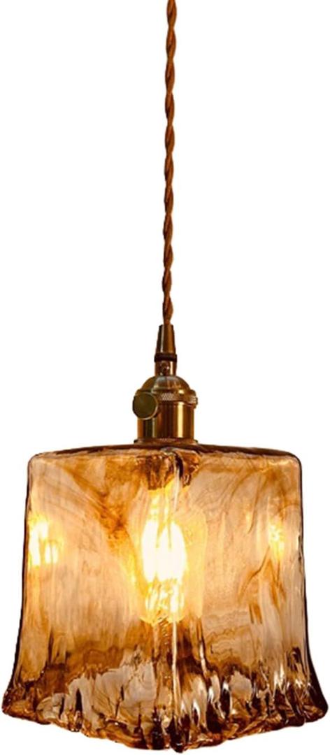 Vintage Amber Glass Pendant Light with Brass Socket E26,Caramel Coffee Hanging Ceiling Lamp with Switch, Adjustable Cord 59" for Kitchen Island Dining Room Bedroom (D)