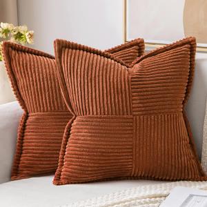 MIULEE Dark Rust Pillow Covers 20x20 Inch with Splicing Set of 2 Super Soft Boho Striped Fall Pillow Covers Corduroy Broadside Decorative Textured Throw Pillows for Couch Cushion Livingroom