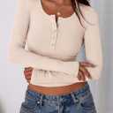 2 x PRETTYGARDEN Women's 2025 Summer Long Sleeve Henley T Shirts Ribbed Knit Button Slim Fitted Basic Casual Going Out Fall Tops (White, M)