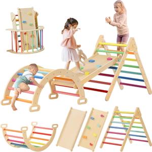 Tiny Land Pikler Triangle Set, 7-in-1 Foldable Pikler Triangle Climbing Toys Set for Kids,Baby Indoor Playground Jungle Gym, Wooden Montessori Climbing Set for Toddler (Rainbow) (Standard)