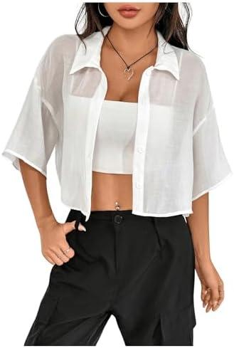 SHENHE Women's Sheer Button Up Blouse Half Sleeve Cropped Loose Button Down Shirt Top, Medium