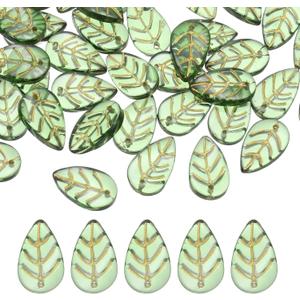 PATIKIL Leaf Beads, 200Pcs Crystal Leaf Pendants Charm Translucent Czech Glass Leaves Beads for DIY Jewelry Making Bracelets Necklace Earings Craft, Golden Green