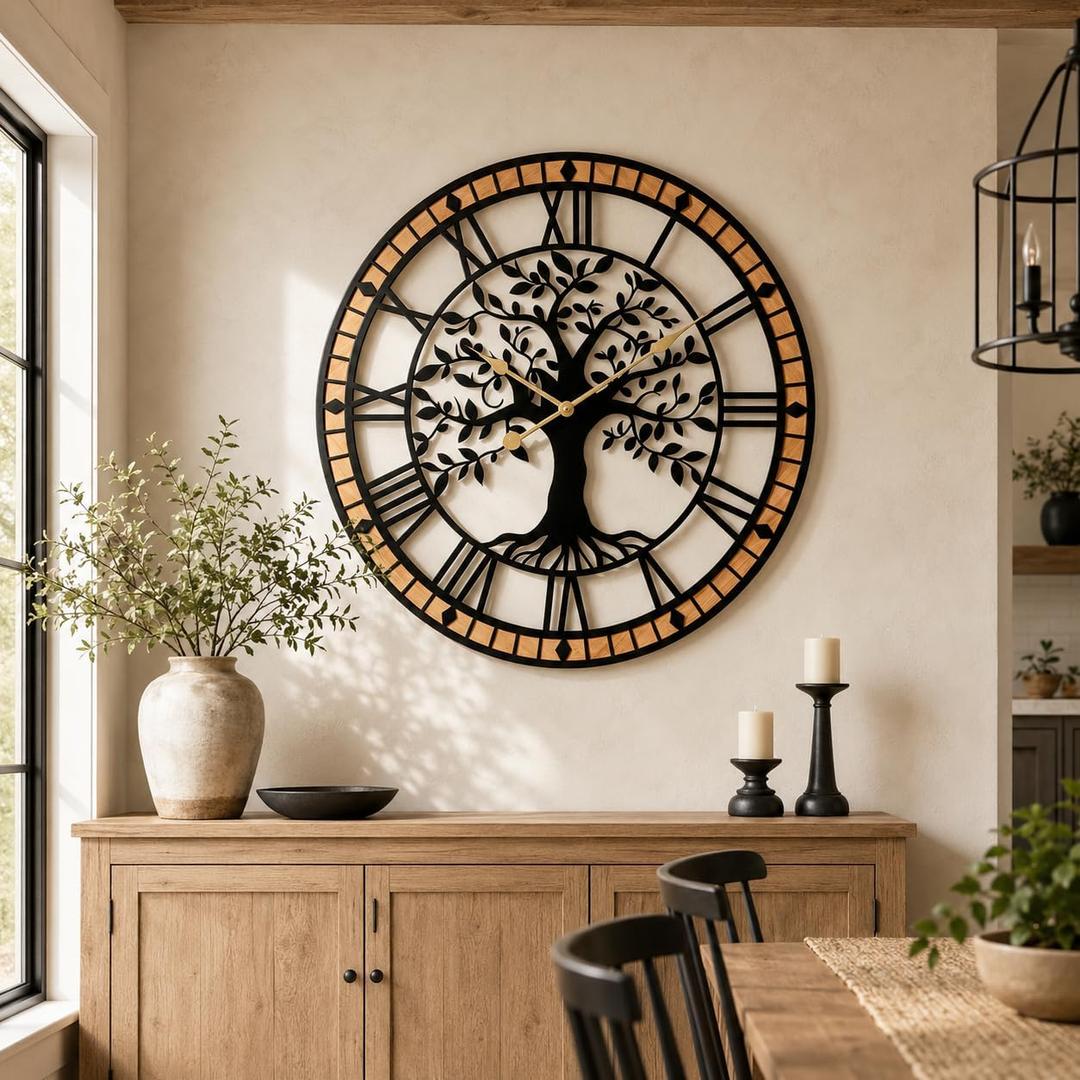 24 Inch Tree of Life Wall Clock, Silent Farmhouse Wood and Metal Decor, Large