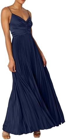 LASPIA Women's Pleated Dress Formal Adjustable Spaghetti Strap Maxi Solid Bridesmaid Evening Party Dresses, Large
