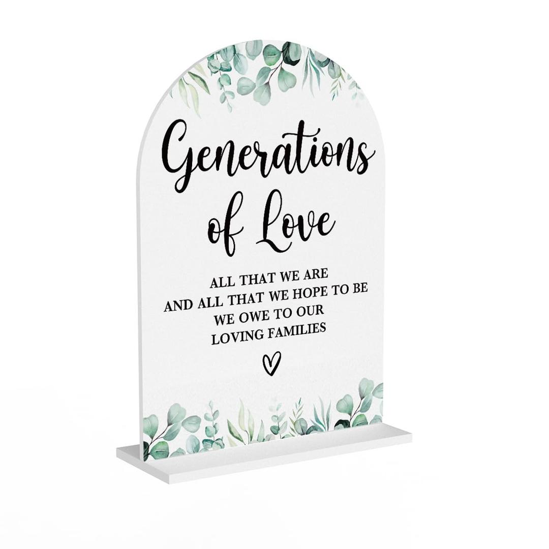 2 x Acrylic Wedding Sign Generations of Love Signs for Ceremony Modern Calligraphy Arch Acrylic Table Top Signs for Wedding Reception and Event Party Table Decor (White Eucalyptus Leaves)