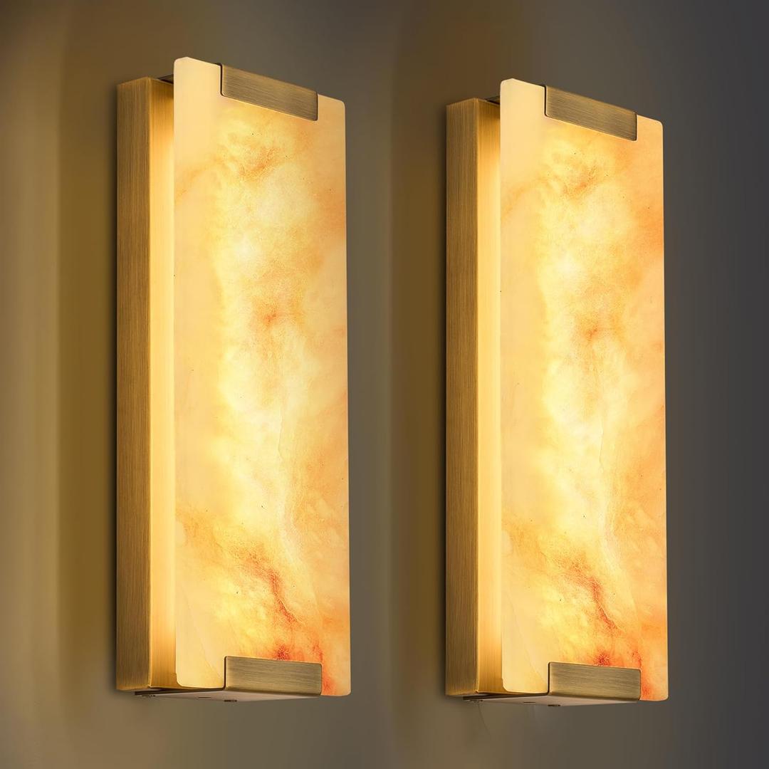 14.2 in Brass Alabaster Wall Sconces, Natural Marble Wall Sconces Set of Two, Indoor Alabaster Sconces for Living Room, LED Modern Alabaster Sconces Wall Lighting for Dining Room,Bedroom ,Stairs, 2-Pack