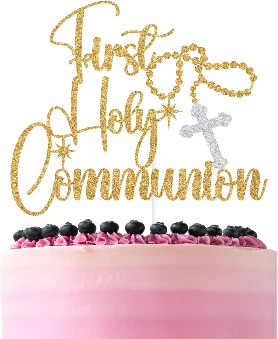 2 x Gold Glitter First Holy Communion Cake Topper, Rosary Cross My Baptism Decor, Religious Christening Baptism Baby Shower Party Decorations Supplies