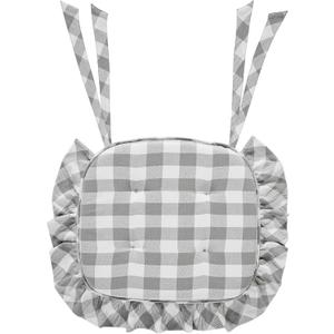 VHC Brands Farmhouse Country Annie Buffalo Check Grey Ruffled Chair Pad with Fabric Ties 16.5x18, 1 Pack