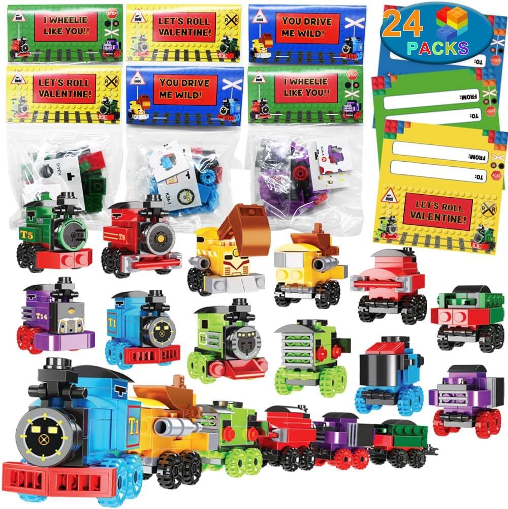 24 Packs Train Building Blocks with Valentine's Gift Cards, 6 in 1 Train Building Blocks Sets for Boys, Girls, Goodie Bags Carnival Prizes Birthday Supplies, Classroom Exchange Prize, Valentine Party