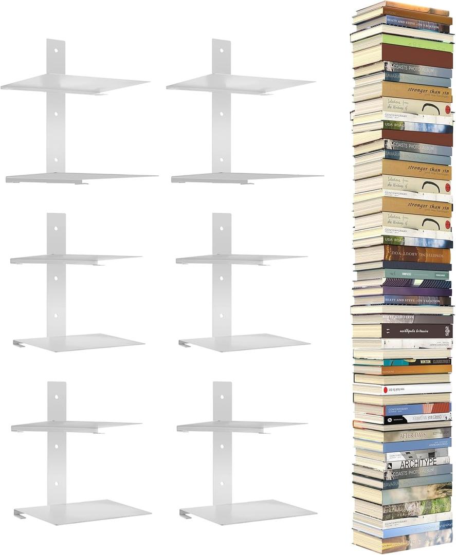 Invisible Floating Bookshelves for Wall - 12 Tier Vertical Spine Book Tower, Heavy Duty Floating Book Shelves Metal Book Organizers for Home Office, 6 Pack White