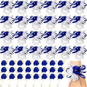 Tigeen 48 Pcs Wrist Corsage and Men's Boutonniere Set for Wedding Wristlet Corsage Hand Flower for Mother of Bride, Bridal, Bridesmaid Suit Decorations (Blue)