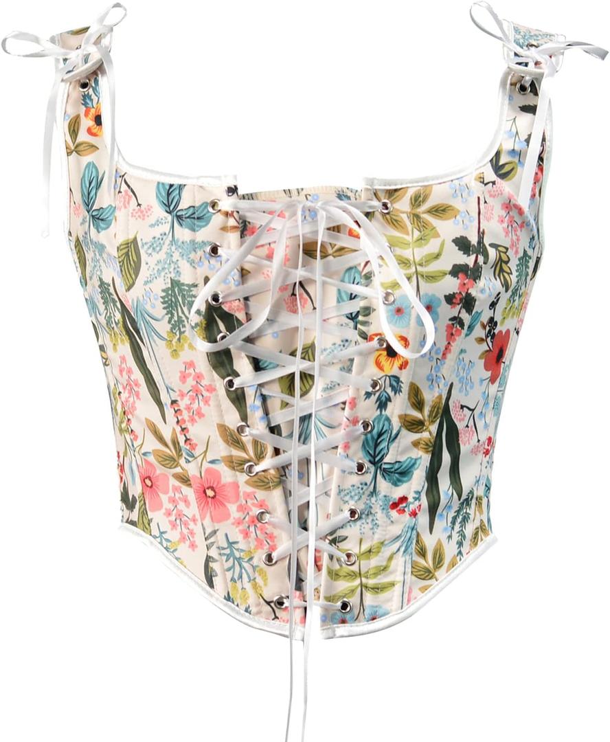 Bowanadacles Women Vintage Floral Camisole Flower Embroidery Pattern Tight Vest Drawstring Tie-up Tank Top Suspender Corset (XX-Large, White Flower)