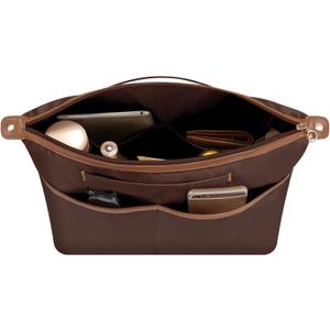SDANG Purse Organizer Insert Fit for Saint Louis,Neverful and More BagLeather Edge Multiple Pockets Tote Bag Organizer with HandleLightweight Medium Purse Liner have Zipper (Brown,Large)