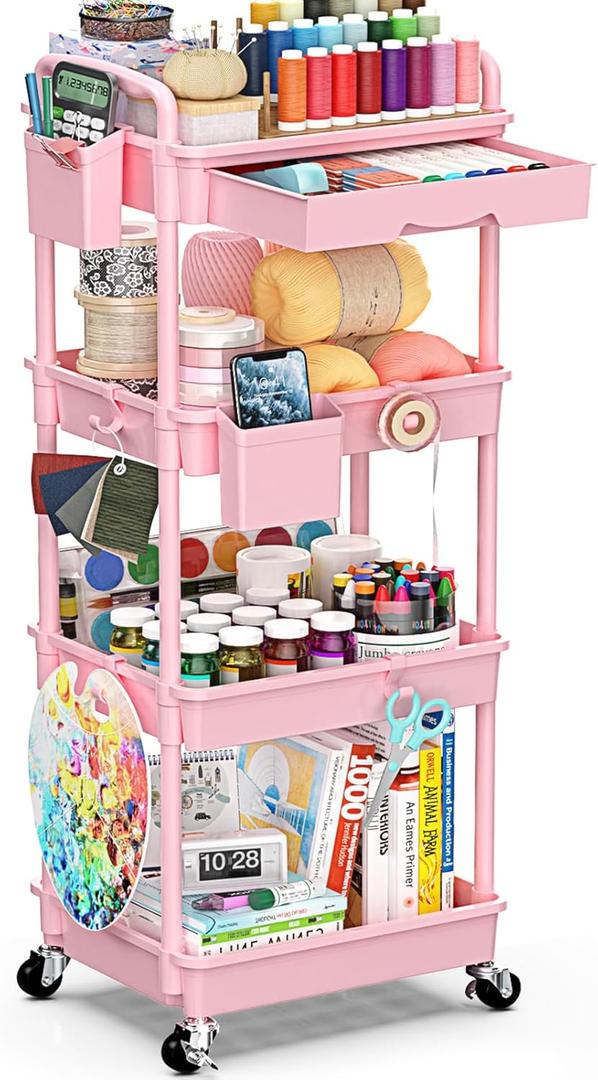 4 Tier Rolling Utility Cart with Drawer, Storage Organizer Cart with 2 Lockable Wheels, Multifunctional Rolling Storage Cart for Bathroom, Kitchen, Craft, Makeup, Baby Essentials, Pink