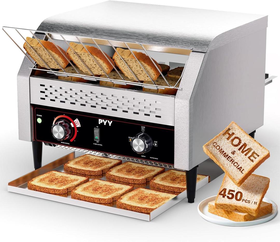 PYY Commercial Conveyor Toaster 450pcs/h - Electric Conveyor Belt Toaster for Toast, Bun, Bagel, Bread, Heavy Duty Stainless Steel Toaster Oven for Restaurant, Bakery, Buffet Use