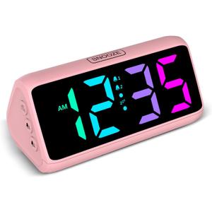 Netzu Loud Alarm Clock for Heavy Sleepers, RGB Alarm Clocks for Bedrooms Seniors Kids, Plug in Digital Clock with 5 Dimmers, 2 Alarms, 4 Volumes and Snooze (Pink)
