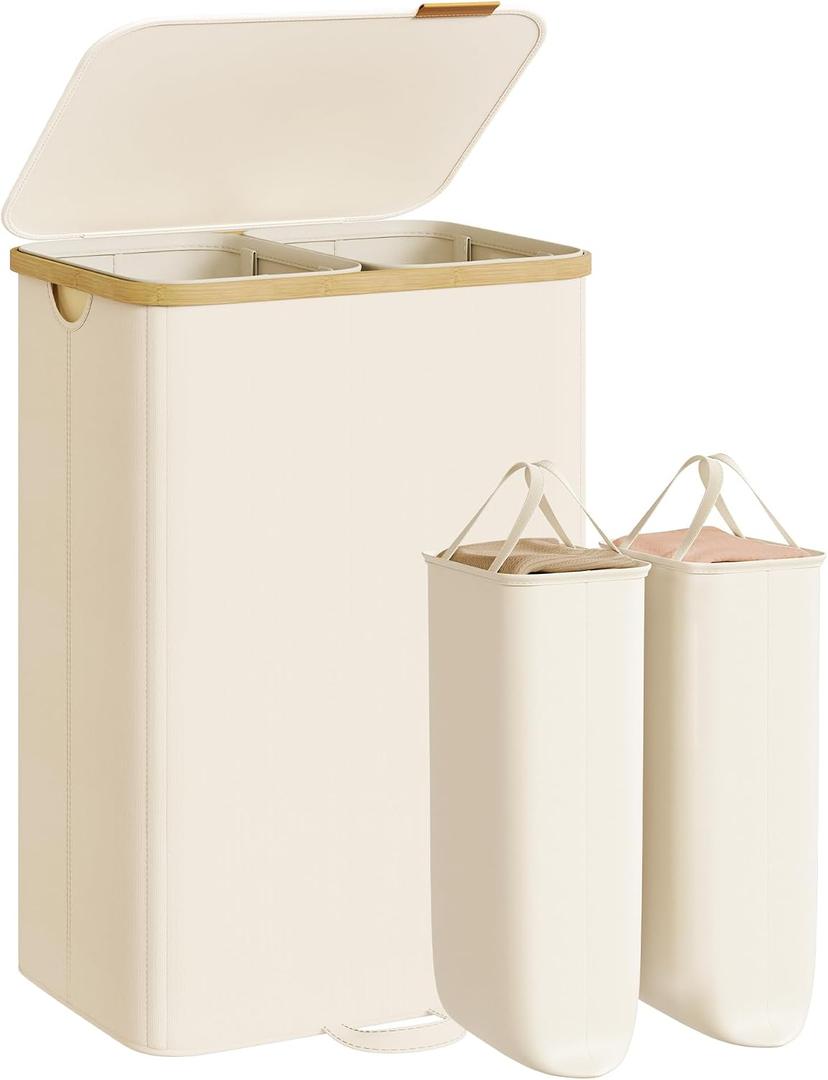 SONGMICS Laundry Hamper, Laundry Sorter with Lid, Storage Basket Bin, Removable Liners, Bamboo Frame, for Bedroom, 2 Sections, 39.6 Gal. (150 L), Cream White ULCB532WD01