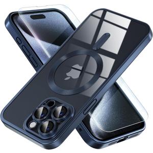 Misea Magnetic for iPhone 15 Pro Max Case [Never Yellowing] [Military Grade Drop Protection] Full Camera Lens Protector Soft Clear Phone Case for Women Girls, Titanium Blue