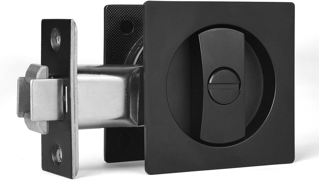 Dontay Pocket Door Privacy Lock, Flush Handles, 2-3/8" Backset, (Bed/Bath) Latch, Recessed Knob, Hardware for 1 3/8 to 2 3/16 Thickness Door (Excluding Edge Pull, Matte Black, Square - 1 Pack)
