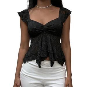 GCZREN Women Y2K Lace Sweetheart Neck Cap Sleeve Asymmetrical Hem Peplum Top Ruffle Tiered See Through Crop Tee Shirt Black, M