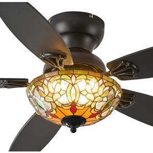 Yanokooe Tiffany Ceiling Fans with Lights - 48" Ceiling Fan Chandelier with 5 Dual-Blades and Glass Shade, 6 Speeds and Reversible, Indoor and Outdoor, Retro Style