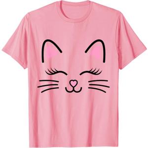 Women's Cat Face Whiskers Print Cosplay Kitty Love Halloween T-Shirt, S