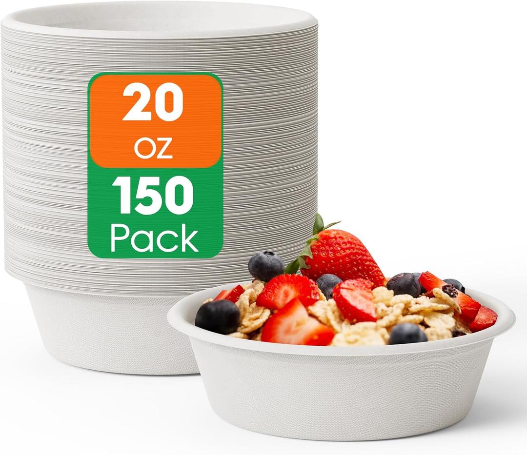 ECOLipak 20 OZ 150 Count Paper Bowls, Disposable Compostable Large Soup Bowl, Heavy Duty Bagasse Bowls for Family Lunch, Dinner Meals, Camping, Party (White)
