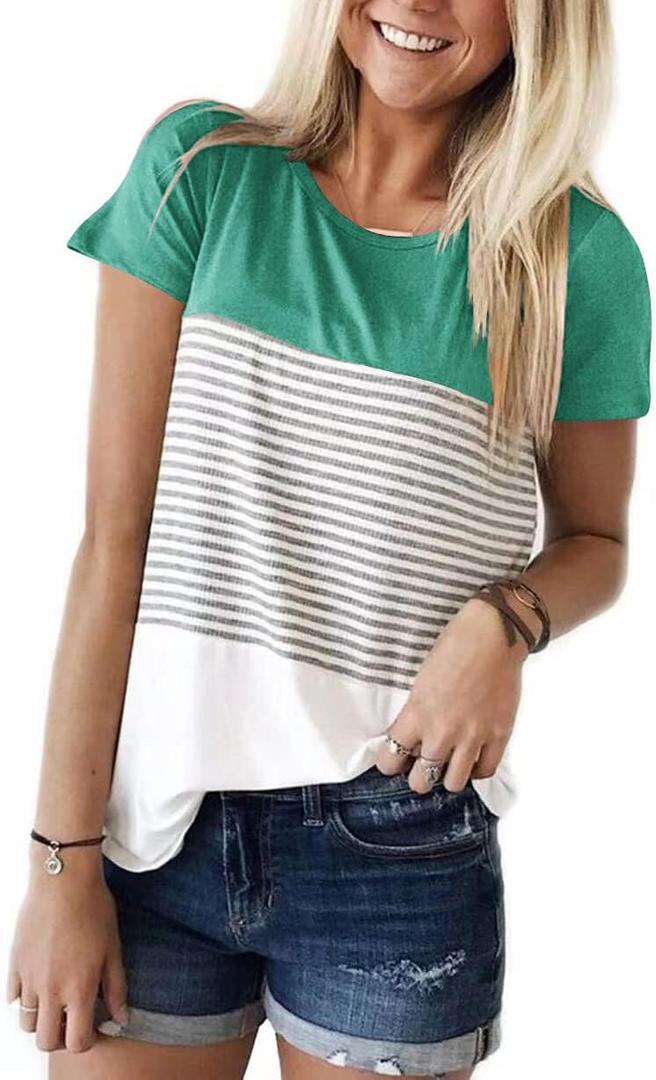 Womens Crew Neck Short Sleeve Tees Color Block Striped T-Shirt Casual Loose Fashion Tee Tops (Small)