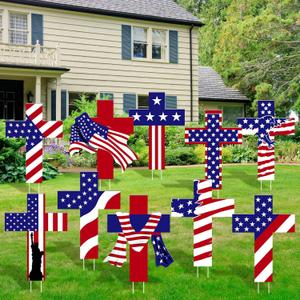 Yaomiao 10 Pcs 4th of July Yard Signs Decoration Outdoor 13.4 Inches Fourth of July Yard Outdoor Decorations Red White and Blue Garden Decor for Independence Day Religious Cross Lawn Celebrations
