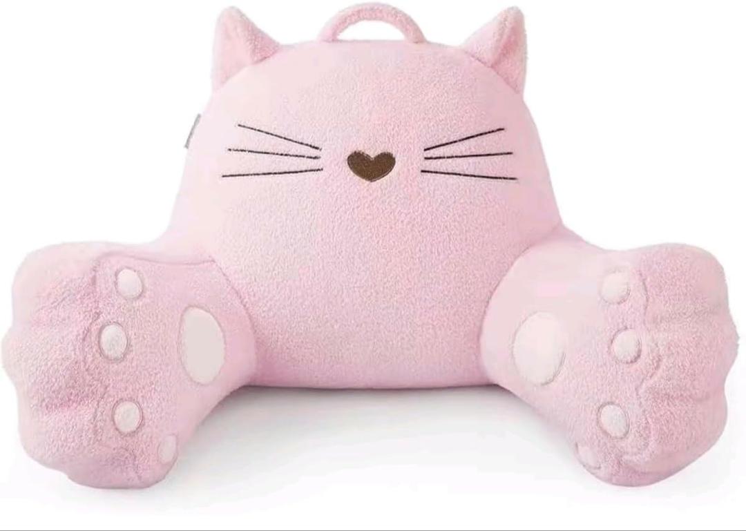 Pink Cat Backrest Reading Pillow Cute Kawaii Bed Rest Pillow with Arms, Plush Supportive Lounge Pillow for Reading, Gaming & Relaxing Soft Comfort for Kids, Teens & Adults (Pink), Large