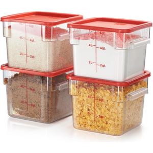 CURTA Pack of 4 Food Storage Container with Red Lid - NSF Commercial Grade in 6.0 Qt - Square, Clear, Polycarbonate